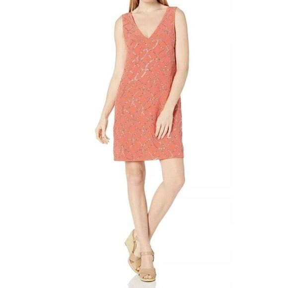 Trina Turk Sally Silk Embellished Mini Dress Size 8  Orange Gold Cocktail - Picture 1 of 12